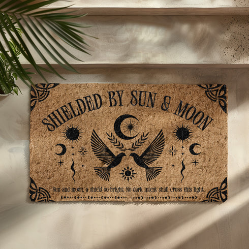 Natural coir doormat featuring two symmetrical doves beneath a crescent moon, surrounded by celestial and botanical accents. The phrase Shielded by Sun & Moon is stenciled above, with a protective incantation at the base. Non-slip vinyl backing for outdoor use.